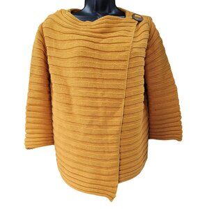 Pure Handknit Wrap Sweater Mustard Yellow Ribbed Cardigan Jacket Womens S/M